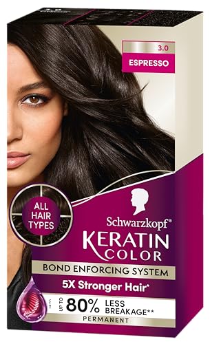 Schwarzkopf Keratin Color Permanent Hair Color, 3.0 Espresso, 1 Application - Salon Inspired Permanent Hair Dye, for up to 80% Less Breakage vs Untreated Hair and up to 100% Gray Coverage