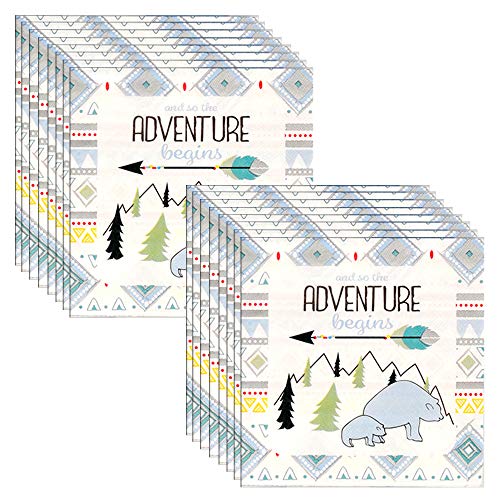 Havercamp Adventure Begins 16 Pack Paper Luncheon Napkins – Tribal Adventure Pattern Square Disposable Lunch Napkins for Baby Showers, Gender Reveal & Birthday Party Supplies