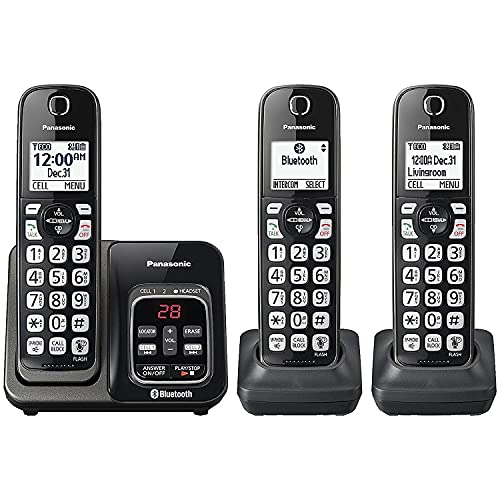 PANASONIC Expandable Cordless Phone System with Link2Cell Bluetooth, Voice Assistant, Answering Machine and Call Blocking - 3 Cordless Handsets - KX-TGD563M (Metallic Black)