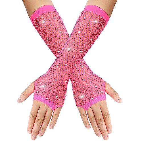 Long Rhinestone Fingerless Fishnet Gloves Steampunk Punk Fish Net Arm Sleeve 80s Costume Evening Party Halloween Cosplay Supplies for Women Girls (Rose Red)