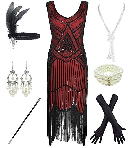 1920s Gatsby Sequin Fringed Paisley Flapper Dress with 20s Accessories Set (M, Style Flower Black Red)