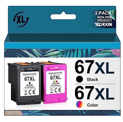 TECKKIN 67XL Ink Cartridges Black/Color Combo Pack Replacement for HP Ink 67 67XL for HP DeskJet 2700 2700e 2755e 2755 4155e 4155 Envy 6055e 6455e 6400 6055 Envy Pro 6452 6458 6475 (1 Black,1 Color)