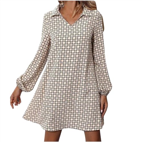 Women's Fashion Mini Dress Summer Long Sleeve Dresses Floral Printed Lapel V Neck Dress Relaxed Fit Comfy Vacation Clothing White