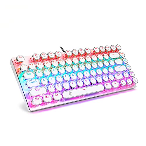 HUO JI E-Yooso Z-88 Typewriter Mechanical Keyboard, Rainbow LED Backlit, Vintage Retro Style with Blue Switches, Compact 81 Keys for PC, Mac, White