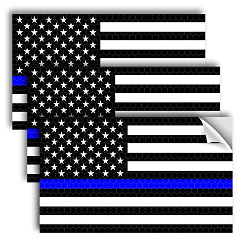 3PC Reflective Thin Blue Line Decal - 5x3 Inches - American Flag Thin Blue Line Sticker - Police Stickers - Blue Lives Matter Sticker - Back The Blue Car Decal Law Enforcement Flag Car Bumper Window