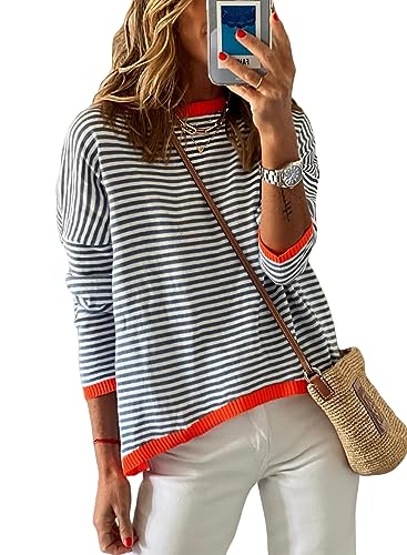 Dokotoo Womens Round Neck Sweaters Fashion Fall Striped Color Block Sweaters for Women Casual Black Pullover Jumper Tops Dark Blue Medium