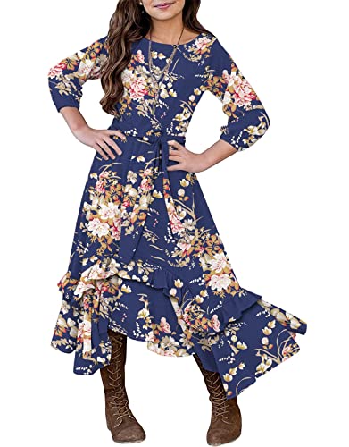 KYMIDY Girls Floral Maxi Dress Kids 3/4 Sleeve Boho Casual Pocket Ruffle Swing Dresses with Belt for Girls, Navy, 10 Years