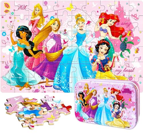NEILDEN Jigsaw Puzzles for Kids Ages 4-8,60 Pieces Packed in Tin Box,Learning Educational Puzzles for Children Girls and Boys,Puzzle Size:9.2'X5.9' (Princess1)