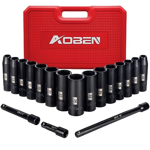 AOBEN 1/2-Inch Drive Impact Socket Set, 18 Pieces, 6 Point, Metric, 10mm - 24mm, Deep, Cr-V Steel, Includes 3', 5', 10' Extension bars