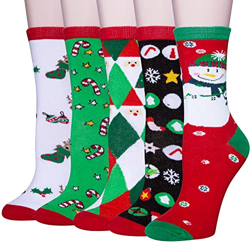 Chalier 5 Pairs Womens Cute Dog Patterned Animal Socks Colorful Funny Casual Cotton Novelty Crew Socks F-Christmas Festival Multicolor 6 (5 pairs)