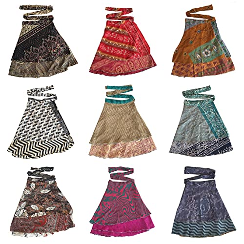 Wholesale 5 Pcs Lot Two Layers Women's Indian Sari Magic Wrap Around Mini Skirts Short Skirts