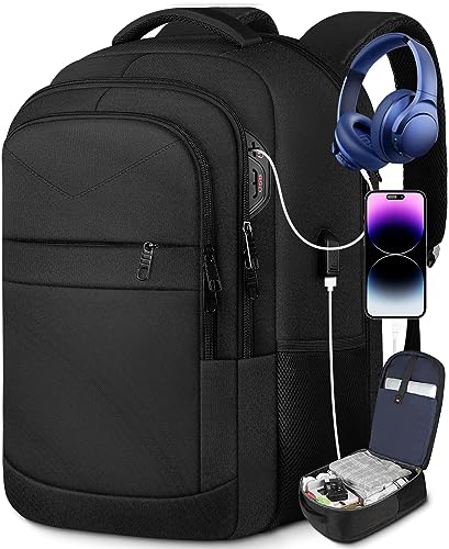 Lapsouno Extra Large Backpack, Travel Laptop Backpack, Carry on Backpack, Sturdy 17 Inch TSA Friendly with USB Port, Water Resistant College School Computer Bag Gifts for Men Women, Black
