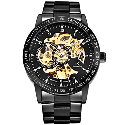 IK Men's Watch Skeleton Automatic Mechanical Wristwatch, Silver Golden Dial Tachymeter Black Stainless Steel Casual Steampunk Watch - Black