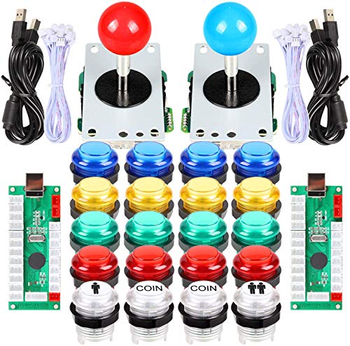 EG STARTS Classic Arcade DIY Kit Parts 2x USB LED Encoder To PC Consols Games + 2x 4/8 Ways Joystick + 20x 5V Illuminated Push Buttons For Mame Raspberry pi (Red/Blue Stick + MIX Color Buttons)