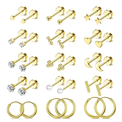 LOLIAS Small Hypoallergenic Flat Back Stud Earrings for Women Men 14K Gold Plated Surgical Stainless Steel Earring Sets Tiny Screw Back Cartilage Earring (Gold)