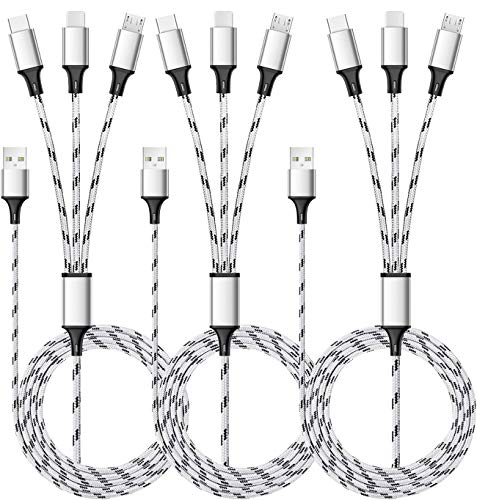 Multi Charging Cable, 5ft 3Pack Multi Charger Cable Nylon Braided Multiple USB Universal 3 in 1 Charging Cord Adapter with Type-C, Micro USB Port Connectors for Cell Phones and More