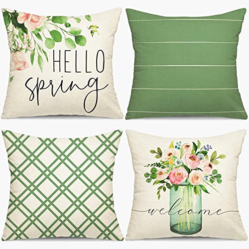 YGEOMER 18x18 Spring Pillow Covers, Set of 4 Pillow Covers, Spring Summer Farmhouse Outdoor Pillow Covers Green Garden Linen Cushion Case for Home Decor