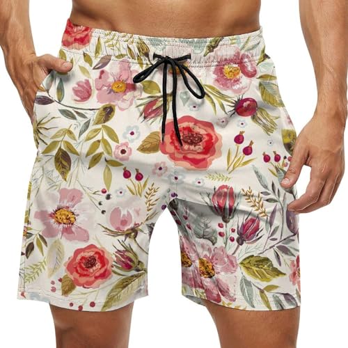 Floral Chic Flowers Roses Pedals Dots Leaves Buds Spring Season Theme Men's Shorts Quick Dry Board Shorts, Casual Elastic Waistband Summer Swim Trunks with Drawstring Fashion Beach Shorts