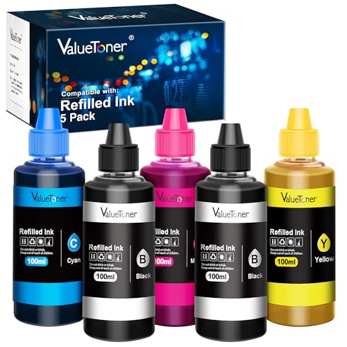 Valuetoner Ink Refill Kit for HP Printer Cartridges for HP67 67XL 63 63XL 65 65XL 61 61XL 950 950XL 951XL 902XL 952XL Ink Cartridge, 100ML x 5 Bottles with Syringes (2 Black 1 Cyan 1 Magenta 1 Yellow)