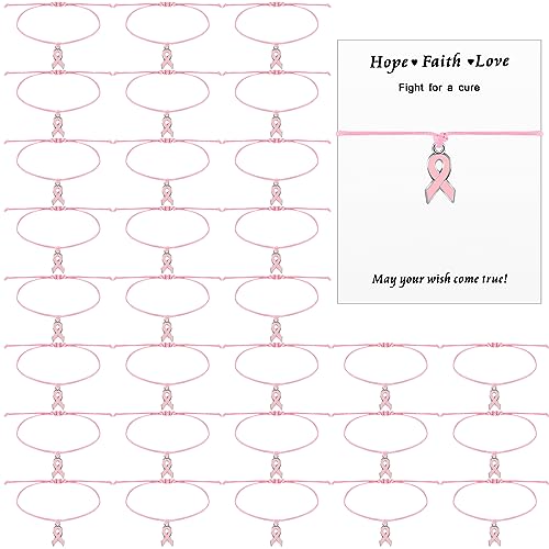 Huquary 30 Pcs Breast Cancer Awareness Bracelets Adjustable Cord Pink Ribbon Braided Bracelets with 30 Pcs Cards Inspirational Breast Cancer Gifts for Girls Women Cancer Survivor Fighter Jewelry