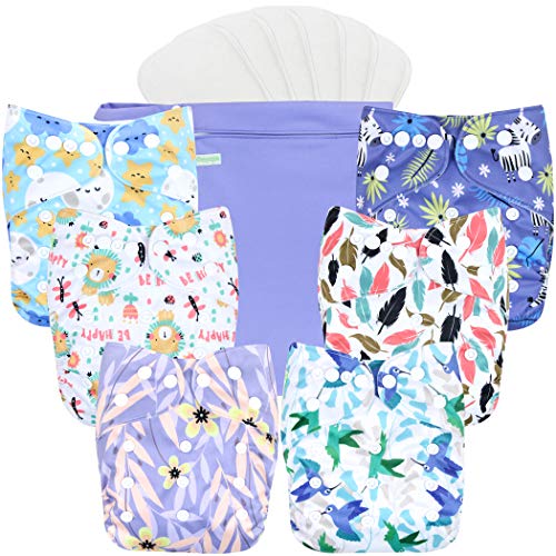 Wegreeco Washable Reusable Baby Cloth Pocket Diapers 6 Pack + 6 Rayon Made from Bamboo Inserts (with 1 Wet Bag, Leaves, Animals)