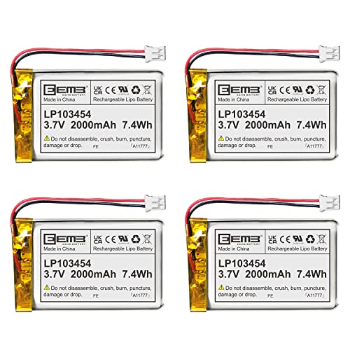 EEMB 4PACK Lithium Polymer Battery 3.7V 2000mAh 103454 Lipo Rechargeable Battery Pack with Wire JST Connector for Speaker and Wireless Device- Confirm Device & Connector Polarity Before Purchase