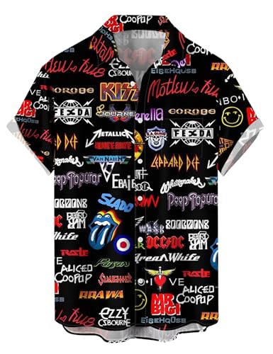 Button Down Shirt Men Rock and Roll Punk Print Pocket Lapel Hawaiian Casual Loose Short Sleeve Shirt-Black-2-XL