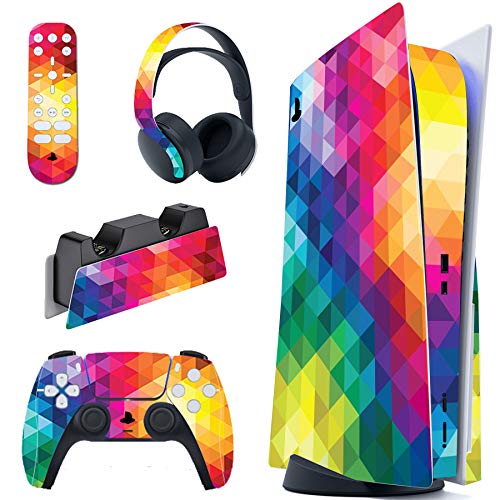 PlayVital Colorful Triangle Full Set Skin Decal for ps5 Console Disc Edition, Sticker Vinyl Decal Cover for ps5 Controller & Charging Station & Headset & Media Remote