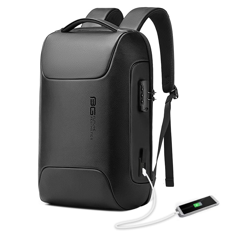 BANGE Black Genuine Leather Laptop Backpack for Men，Anti Theft Business Backpack with USB3.0 Charging Port, Smart Professional Lightweight Travel Backpacks for 15.6 Inch Laptop…