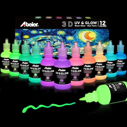 ABEIER Glow in the Dark Paint, 12 Colors (30ml1/oz) Blacklight Acrylic Paint, Neon Craft Paint, Long Lasting Glow Fluorescent Paint Ideal for DIY Projects Halloween Easter Christmas Decorations