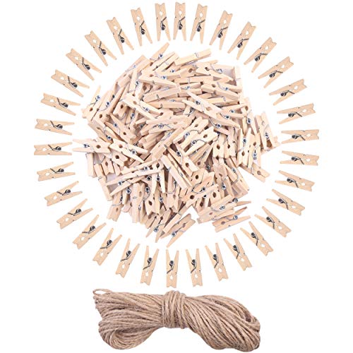 DIYASY 120 Pcs Mini Wood Clothespins,1 Inch Small Craft Wooden Clips with Jute Twine for Photo Wall and DIY Craft.