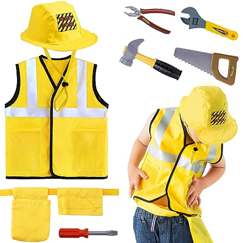 iPlay, iLearn Construction Worker Costumes for Boys, Toddler Dress Up Clothes, Kid Builder Career Outfit, Tool Belt Vest Hat, Pretend Role Play Toy Set, Halloween Birthday Gift 3 4 5 6 Years Old Child