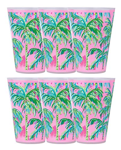 Lilly Pulitzer 6 Pack Reusable Plastic Pool Cups, 14 Ounce Durable Kid-Friendly Drinking Glasses, Suite Views