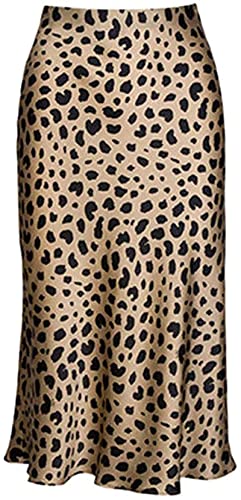 Leopard Print Skirt for Women Cheetah High Waist Silk Satin Elasticized Midi Length Summer Skirts M