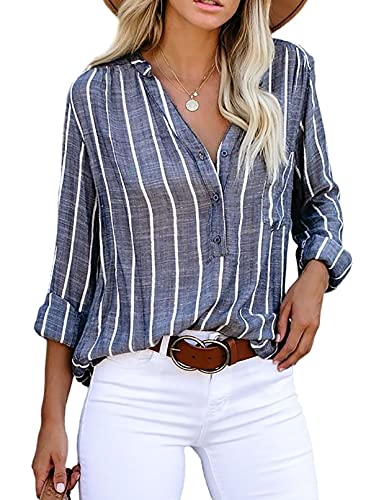 Astylish Collared Button Down Henley Shirts Striped Blouse for Women Fashion Loose Soft Tops Blue X-Large