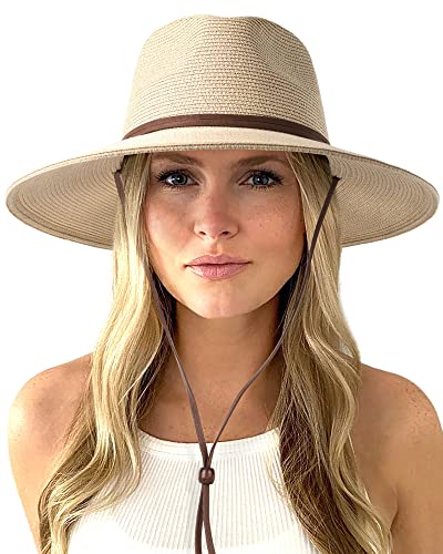 FURTALK Womens Summer Straw Sun Hats Wide Brim Panama Fedora Beach Hat with Wind Lanyard UPF 50+ Beige
