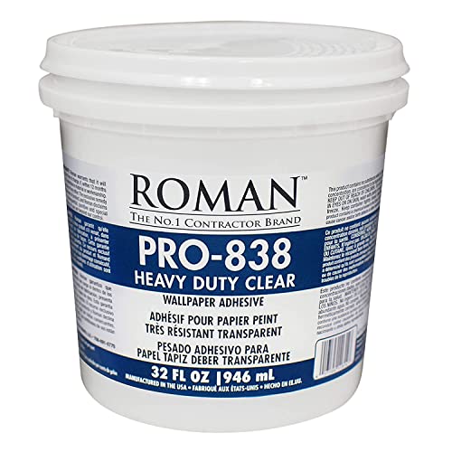 ROMAN Products Heavy Duty Wallpaper Adhesive, Commercial Grade for Heavy Wall Hangings, Clear, PRO-838 (32 Ounce - 70 sq. ft.), 11314