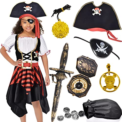 Kids Pirate Costume Girls Halloween Dress Up Cosplay Role Play Set with Hat Toy Accessories