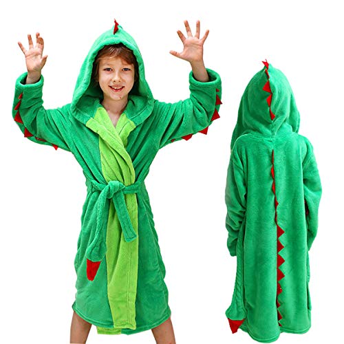 lontakids Kids Boys Dinosaur Flannel Hooded Bathrobe Soft Animal Sleepwear Robe (Green, Small/5-6X)