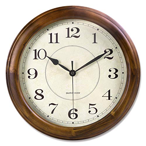 Kesin Wall Clock Wood 14 Inch Silent Wall Clock Large Decorative Battery Operated Non Ticking Analog Retro Clock for Living Room, Kitchen, Bedroom