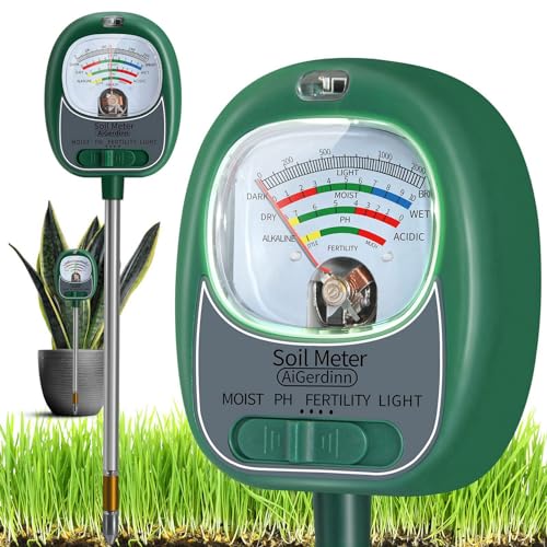 AiGerdinn 4-in-1 Soil Test Kit, Soil Moisture Meter/Light/Fertility/Soil pH Meter for Gardening, No Need Battery Soil Plant Hygrometer Soil Tester for Indoor&Outdoor Garden,Farm,Lawn -GrassGreen