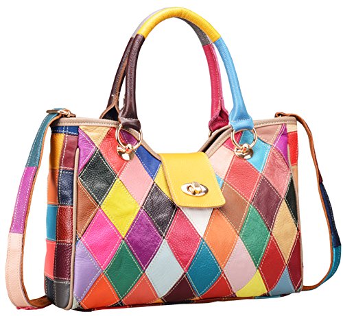 HESHE Genuine Leather Handbags Colorful Purses for Women Crossbody Bag Multi-color Tote Purse Designer Hobo Shoulder Bag(Colorful-2B4008)