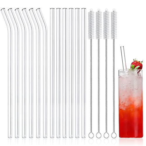 NETANY 16-Pack Reusable Glass Straws, Clear Glass Drinking Straw, 10''x10 MM, Set of 6 Straight and 6 Bent with 4 Cleaning Brushes - Perfect for Smoothies, Milkshakes, Tea, Juice - Dishwasher Safe