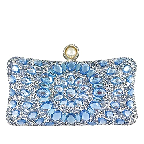 Boutique De FGG Pearl Clasp Crystal Clutch Purses for Women's Evening Handbags Wedding Party Rhinestone Bag (Light Blue)