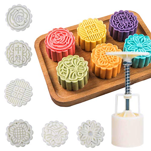 Moon Cake Mold 6 PCS, Mid Autumn Festival DIY Hand Press Cookie Stamps Pastry Tool Moon Cake Maker, Flower Mode Patterns 1 Mold 6 Stamps 50g (White).