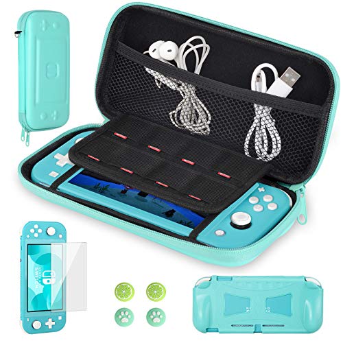 CoBak Carrying Case for Nintendo Switch Lite - with 1 Screen Protector, 1 Grip Case and 4 Thumb Grip Caps, Ultra Slim Premium EVA Travel Pouch Protective Cover, 8 Game Cartridges, Green