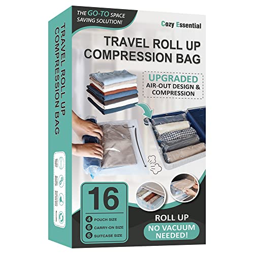 16 Roll Up Travel Compression Bags, Hand Roll Space Saver bags No Vacuum Needed (6 Large Roll/6 Medium Roll/4 Small Roll)