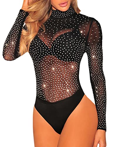 Lrady Women's Sheer Mesh Turtleneck Neck See Through Leotard Bodysuit Body Tops Black