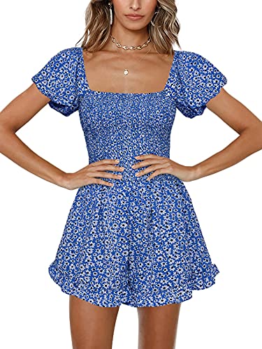 Jeanewpole1 Womens Floral Wide Leg Short Rompers Shirred Ruffle Sleeve Jumpsuit (Small, Blue)