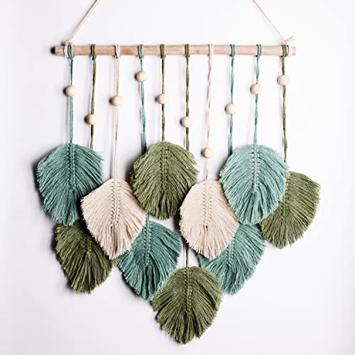 SnugLife Macrame Wall Hanging Leaves - Large Chic Feather Boho Decor, Handmade Yarn Woven Art Leaf Tapestry for Nursery, Bedroom, Living Room, 17 X 22 Inch (Green, Sage Green & Beige)